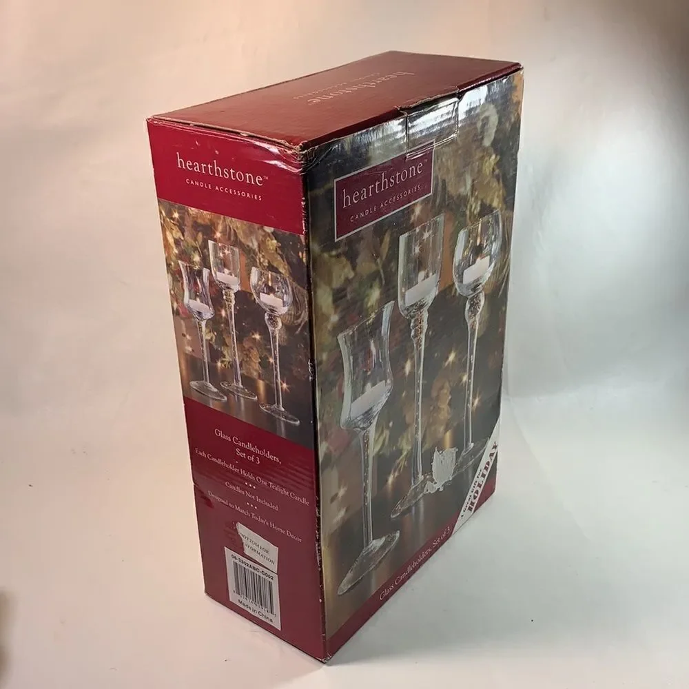 Hearthstone Set 3 Clear Glass Candle Tea Light Holders Holiday EUC In Box
